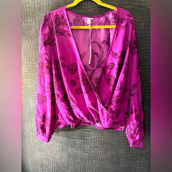 💜 A New Day Purple Wrap Blouse with V-Neck and Long Sleeves NWT - Picture 1 of 3